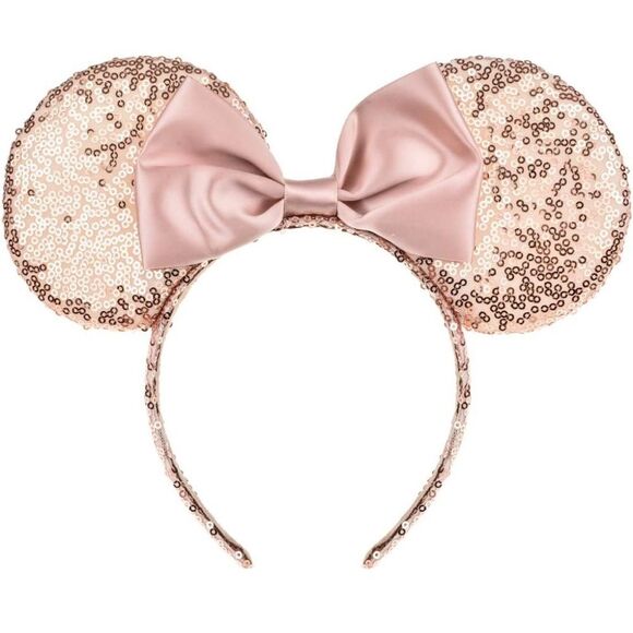 Minnie Mouse Ear Headband Pink-Gold Sparkle Shimmer Sequins with Bow. - Picture 2 of 5